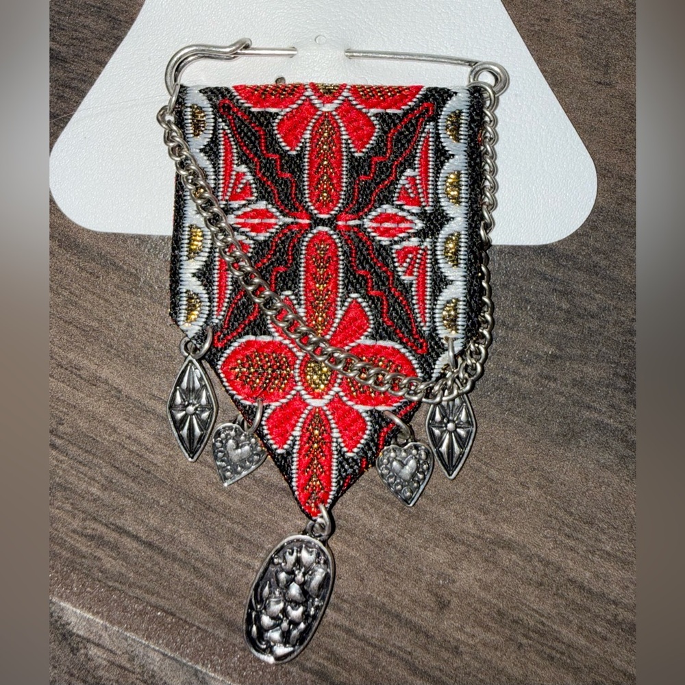 Free People Red and Black Embroidered Brooch with Silver Chains